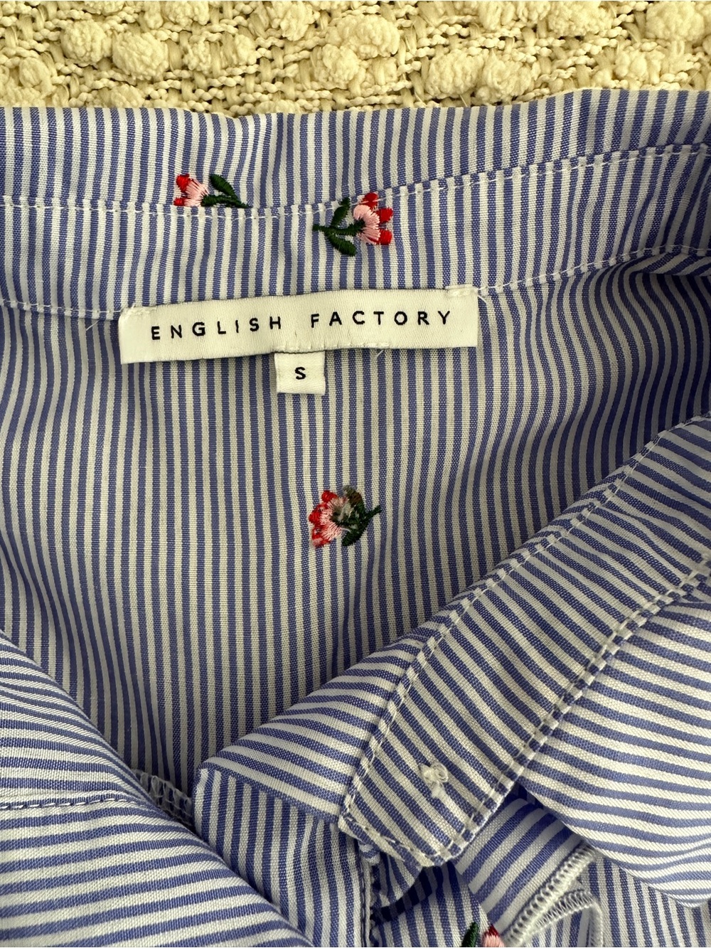 English Factory Floral Embroidered Blue Striped Ruffle Shirt Dress Small S - Picture 3 of 7